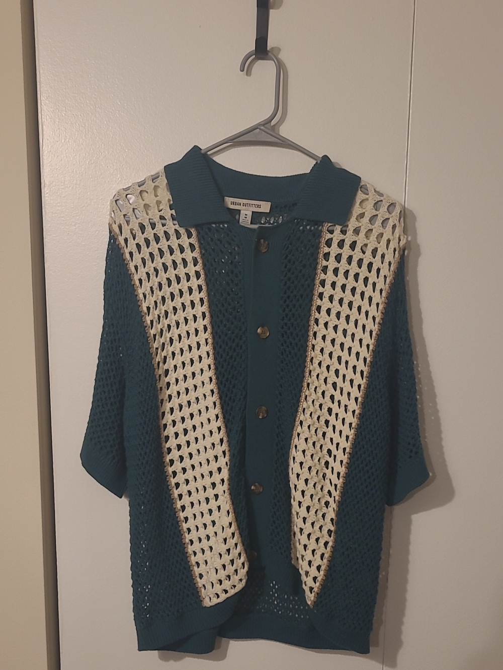 Urban Outfitters Teal and Cream Open-Weave Button-Front Shirt